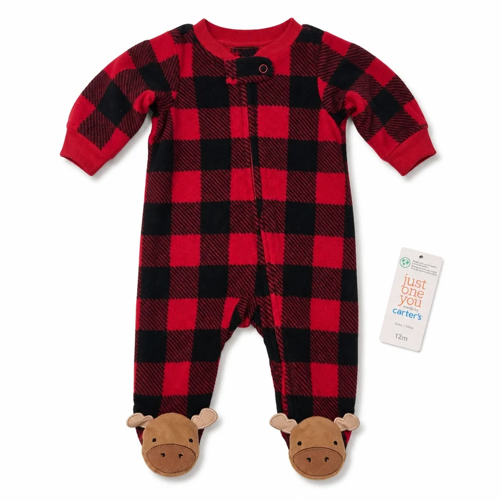 Carter's Red & Black Buffalo Plaid Footed One-Piece with Moose Feet